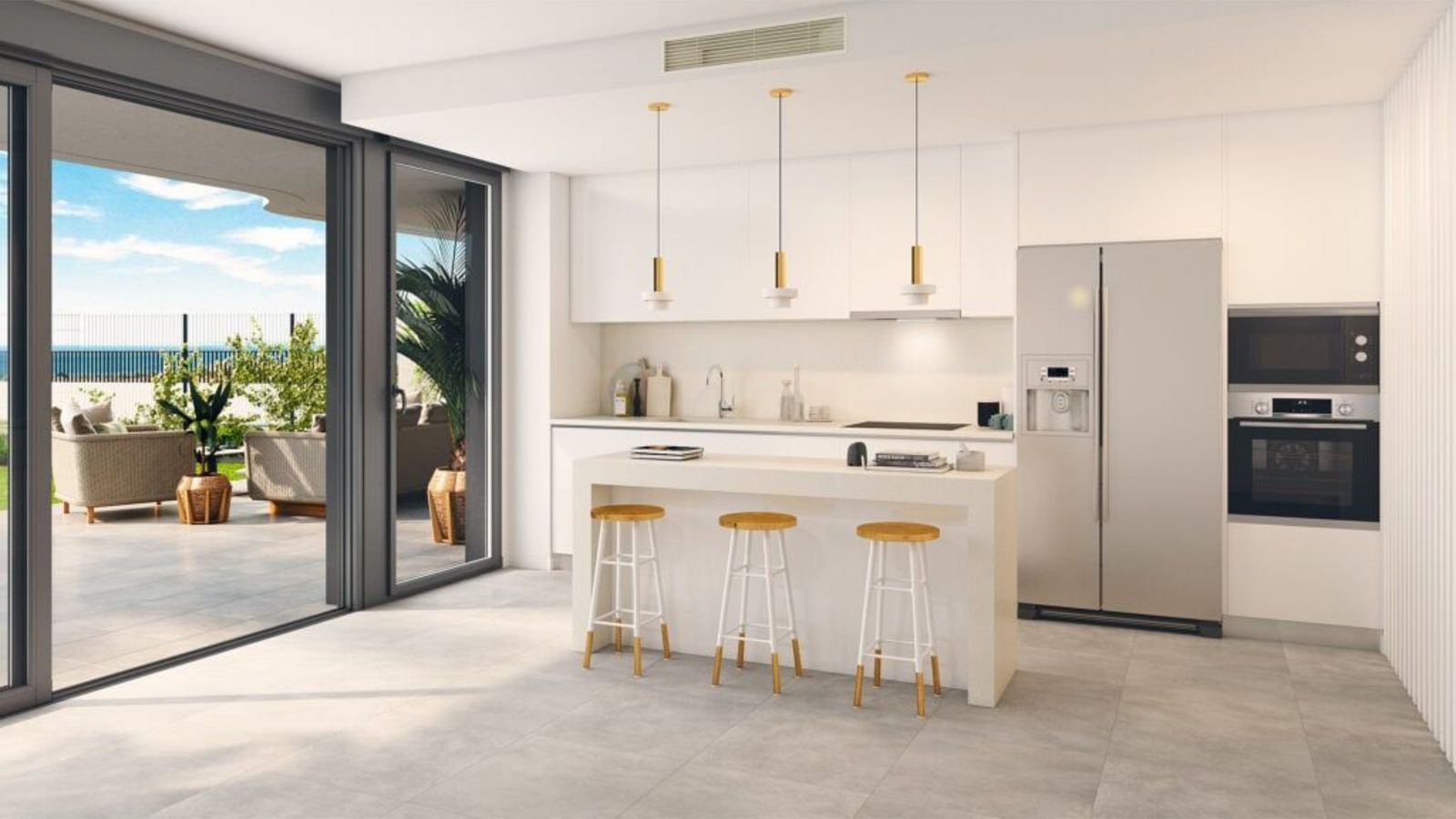 Moderne keuken met uitzicht op het terras
